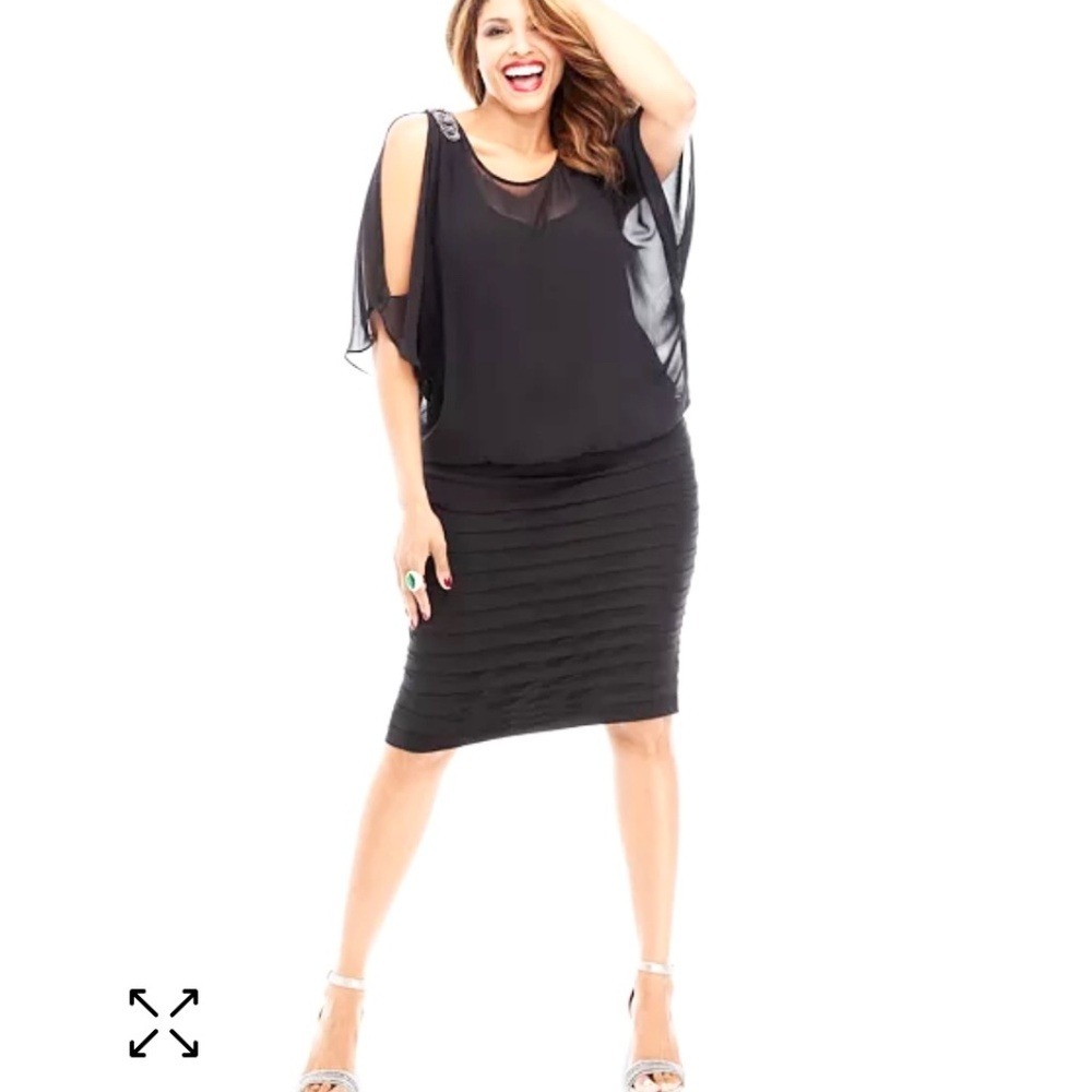 R&M Richards Cocktail Dress Rhinestone Cold Shoulder Women 14W Black 5903W